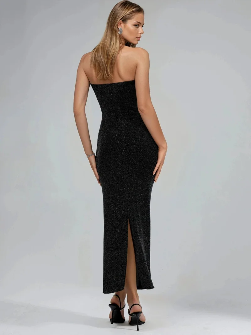 Busem Black BUSEM Shiny Strapless Bodycon Maxi Dress for Women | Best Price UAE